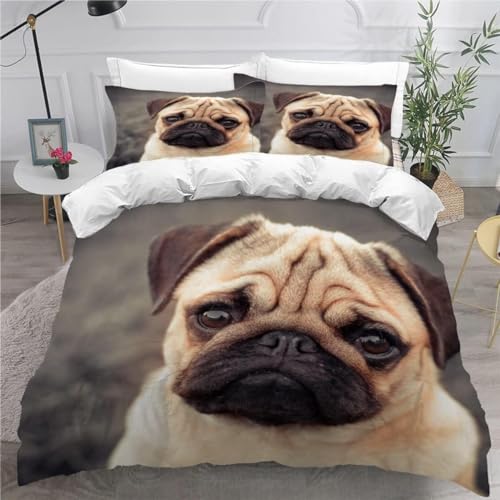 Mops Bettwäsche 155x220 Niedliche Kinderkunst Bettwäsche-Sets für Mädchen Jungen Kinder Weiche Mikrofaser 3D Drucken Bettbezug mit Reißveschluss und 2 Kissenbezüge B-2426