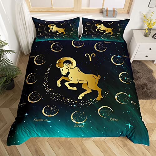 richhome Widder Sternzeichen Bettwäsche-Set,Sternenga laxie-Universum Bettwäsche Set 135x200cm,Springendes Ziegentier Betten Set für Kinder Jungen Mädchen Teenager 2St.Reißverschluss Mikrofaser