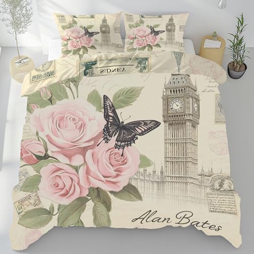 Tyafsgvqo London Big Ben Bettwäsche 135x200 3 Teilig, Romantisch Retro Nostalgie Bettbezug Weich & Atmungsaktiv, Schmetterling Rose Blüten Bettwäsche Set, Wendebettwäsche mit 2 Kissenbezug 80x80