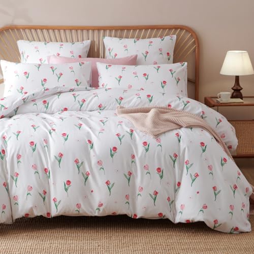 Tospass Weiß Bettwäsche 135x200 cm Mädchen - Rosa Blüten Bettwäsche aus Microfaser, Sicherer und kuscheliger Bettwäsche Set Bettbezug mit Reißverschluss und 1 Kissenbezug 80x80 cm