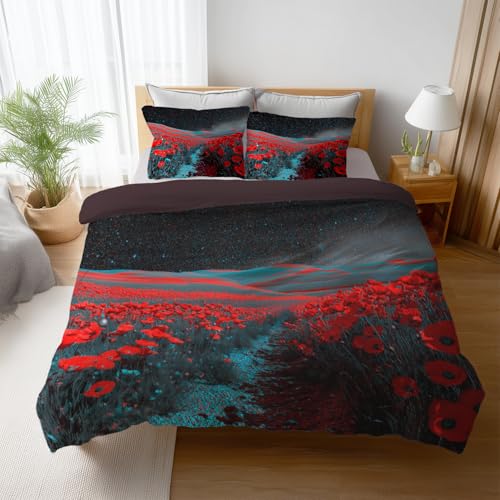 Generisch Bettwäsche-Sets Weinrot 2teilig Bettbezug 140 x 200 cm + 1 Kissenbezug 80 x 80 cm, Fantasy Mystisch Mohnblumen Berge Wendebettwäsche mit Reißverschluss Bügelfrei und Weich