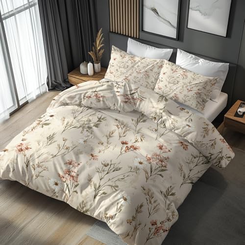 Bettwäsche 200x200 Blumen Wende Motiv 3tlg, Schlafzimmer Deko, Landhaus Botanisch Blumenmuster Wildblumen Bettbezug und 2 Kissenbezüge 80x80, Weiche Mikrofaser Deckenbezug mit Reißverschluss -b248