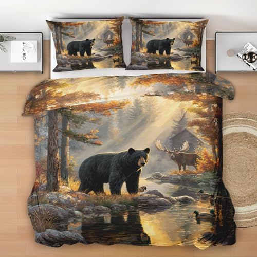 Schwarzbär Elch Bettwäsche Set, Herbstwald Mikrofaser Deckenbezug Kissenbezug mit Reißverschluss 3 Teilig, Atmungsaktiv Waschbar Bach Bäume Bettbezug für 180x200 cm