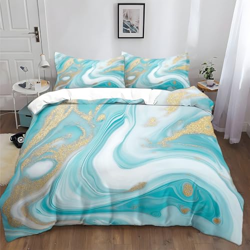 Abstraktes Muster Aus Türkisfarbenem Marmor Bettwäsche-Sets 180x200 cm Türkis Bettwäsche Jungen Mädchen Weich Atmungsaktiv Microfaser Betten Set mit Reißverschluss