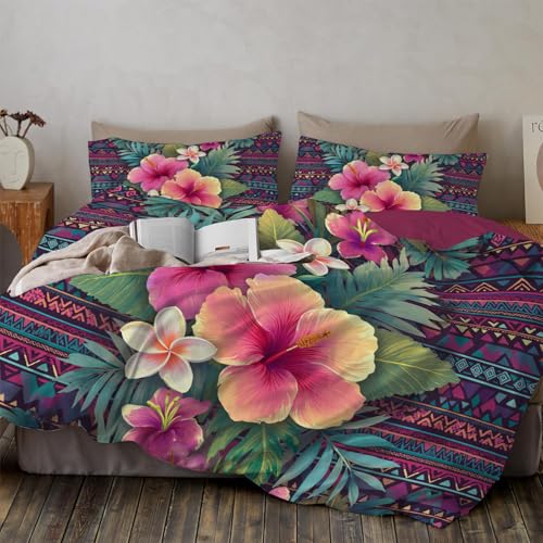 Bettwäsche 200*200cm Gelb Leuchtender tropischer Hibiskus Bettbezug Set 3 Teilig Aztekische geometrische Blümchen Blumenmuster Weich Bettwäsche-Sets mit 2 Kissenbezüge 80x80 cm und Reißverschluss
