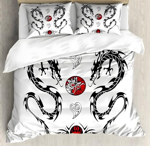 PNHCL Bettwäsche 135x200 Kinder Drache Bettbezug und 2 Kissenbezug 80x80 cm, Orientalische Ästhetik Bettwäsche-Sets mit Reißverschluss - Weiche Mikrofaser Kinderbettwäsche für Mädchen und Jungen