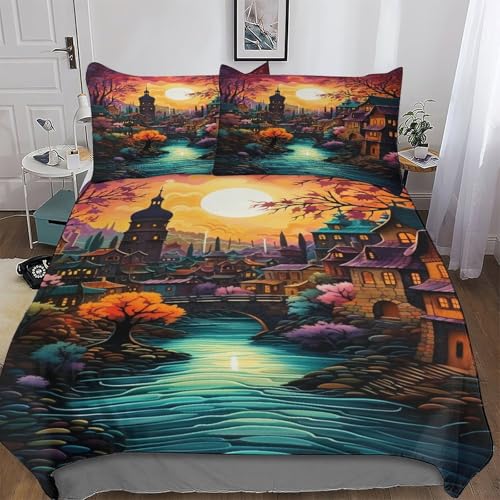 LCWWW Stadtarchitektur Bettwäsche-Set 2teilig Bettbezug Und Kissenbezug, Für Jungen Mädchen Schlafzimmer Mikrofaser Bettbezüge Bettgarnitur Single(135x200cm)