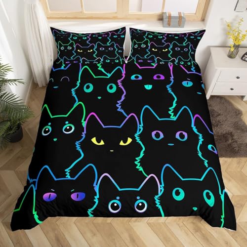 Homewish Katzen Bettwäsche Katze 130x200 für Jungen Mädchen Kinder Jugendliche, Schwarze Bunt Katzenbettwäsche Kawaii Cartoon Tiere Farbverlauf Bettbezug Tierliebhaber Schlafzimmer Dekor 2Teilig