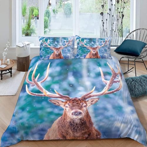 Bettwäsche 135x200 Elch 3D Druck Bettbezug 135 x 200 Wilde Tiere Bettwäsche-Sets Weiche Mikrofaser Bettwäsche Set 3 Teilig Bettbezüge für Einzelbett mit 2 Kissenbezüge I-2396