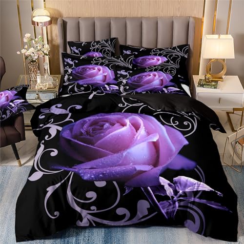 Bettdecke 200x200cm Lila Rose Schwarz Daunendecke Bettwäsche 200x200 Mikrofaser Bettdecken Atmungsaktive Duvet mit Reißverschluss Steppdecke Weiches Bett Decket+2 Kissenbezug 80x80