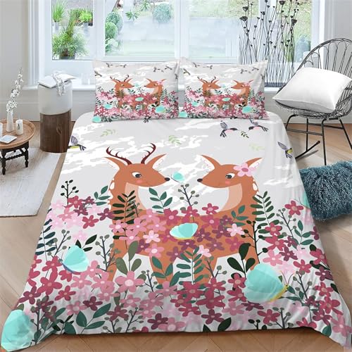 BettwäSche 135x200 Cartoon-Hirsch Bettbezug Set 3 Teilig Blumen und VöGel Flauschig BettbezüGe und 2 Kissenbezug 80x80, Allergiker BettwäSche-Sets Weiche Microfaser mit ReißVerschluss ba1610