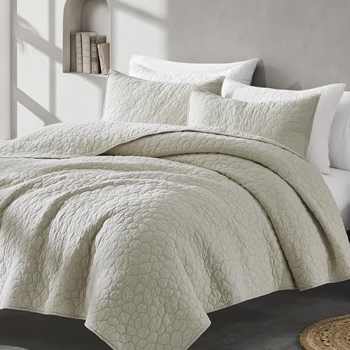 R.SHARE Bettwäsche-Set aus 100 % Baumwolle, Queen-Size-Größe, Beige, Landhaus-Steppdecke, neutral, Shabby-Chic-Tagesdecke, rustikale strukturierte Gaze, gemütliches Bettbezug-Set mit 2 Kissenbezügen,