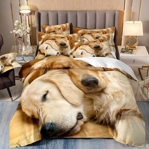 Schlafender Golden Retriever Bettwäsche 155x220 Süßer Hund Bettwäsche-Sets für Kinder Jungen Bettbezug Set 3D Druck Bettbezüge Weiche Mikrofaser mit Reißveschluss und 2 Kissenbezüge L.2922