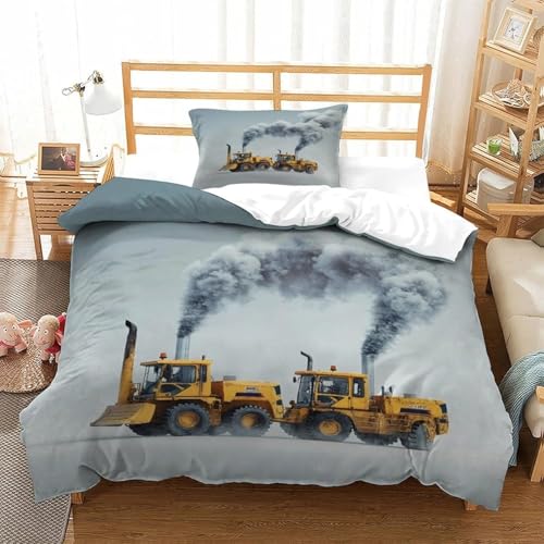 NDXRWDZR Bettwäsche 155x220 Grauer Traktor Bettwäsche-Set mit Reißverschluss Schließung für Kinder Weicher Atmungsaktive Mikrofaser Bettbezug + 2 Kopfkissenbezug 80x80 cm