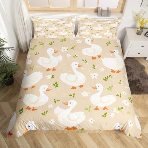 Weiße Gans Bettbezug 135x200 Rustikale Ente Bettwäsche set Kinder Teen Jungen Nette Blumenpflanzen Tröster Abdeckung Bauernhaus Landtiere Bett Set Grün Botanische Wildtiere Nette Zimmer Dekor