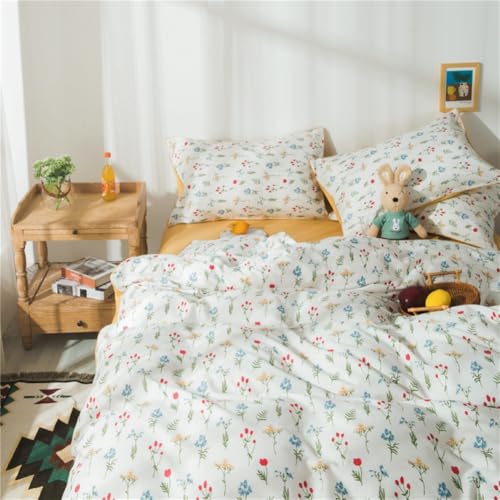 Covebett Bettwäsche Baumwolle 135x200 Weiß Gelb Blumen Blümchen Pflanzen Wende Bettbezug Set 2teilig, Cute Kawaii Mädchen Kinder Geblümt Bettbezug und Kissenbezug 80x80 cm mit Reißverschluss