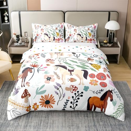 Pferd 100% Baumwolle Bettbezug für Mann Frau,Cowboy Cowgirl Tröster Bezug,Weiße Braune Pferde Bettwäsche Set,Bunte Blume Pilz Bettwäsche Abdeckung 155x220 Atmungsaktiv