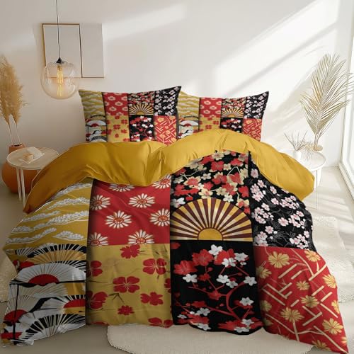 Bettwäsche Traditionell Blumen Patchwork Orientalisch Bettwäsche Set 3D Microfaser Luxus Bettbezug Set 135 x 200 cm und 2 Kissenbezüge 80x80cm mit Reißverschluss Warme Farben Gelb