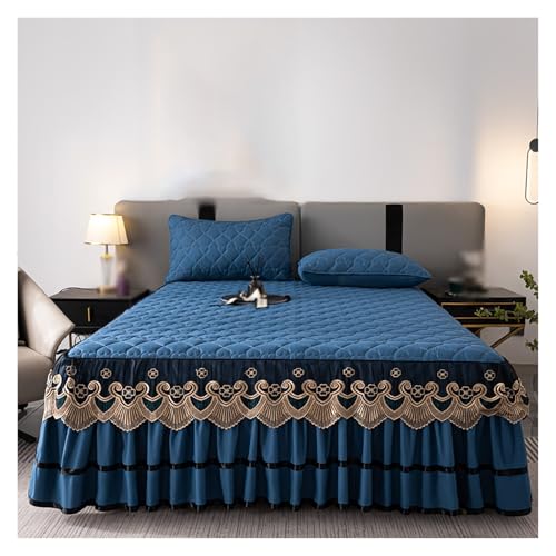 Luxuriöses besticktes Bettrock Set Kissenbezug, 360° sichere Passform, elegante dunkelblaue Bettwäsche für gehobene Schlafzimmer Hoteldekoration (180 x 200)