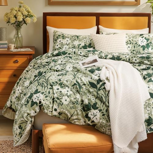 Gemütliches Blumen-Bettwäsche-Set, Kingsize, 100 % Baumwolle, Bohemian-Stil, Smaragd, 3-teilig, dunkelgrün, Bauernhaus, Landhaus, botanischer Bettbezug mit 2 Kissenbezügen