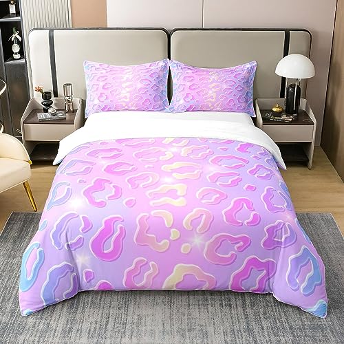 100% Bio Baumwolle Neon Leopard Bettbezug für Mädchen Frauen Kinder,Geparden Druck Bettwäsche Set,Glitter Sterne Tröster Bezug 135x200,Safari Tier Bett Sets mit 1 Kissenbezug,Rosa Lila