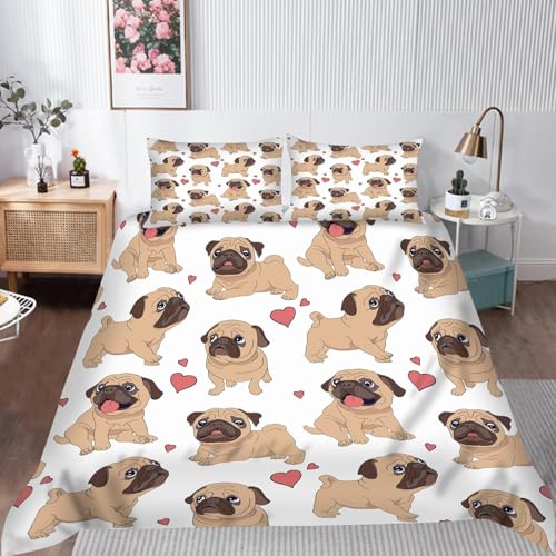 Bettwäsche 155x220 Nette Mops Hund Bettwäsche-Sets Kawaii-Hunde Bettbezug mit Reißverschluss 3D Weiche Mikrofaser Bettbezüge mit 2 Kissenbezüge 80x80 cm B-4002