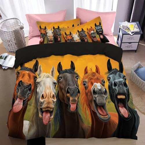 WunM Studio Bettwäsche 200 * 200cm Leuchtende Farben Pferd Bettbezug Set 3 Teilig realistische Cartoon-Tiere Blümchen Blumenmuster Weich Bettwäsche-Sets mit 2 Kissenbezüge 80x80 cm und Reißverschluss