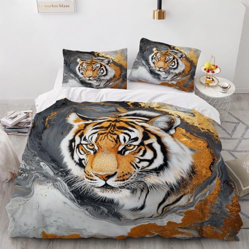 3D Bettwäsche Motiv Tiger 135X200 Mädchen Jungen Teenager Mit 80X80 Kissenbezug,Kinder Bettwäsche-Set 2teilig,Mikrofaser Bettbezug mit Reißverschluss,A21