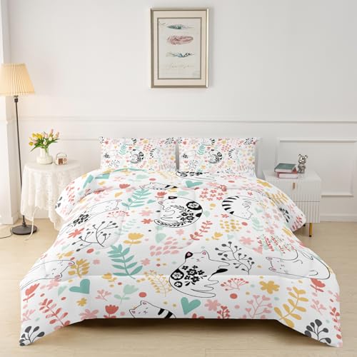 3-teiliges Bettwäsche-Set mit niedlichen Katzen und Blumen, florales Katzen-Bettwäsche-Set für Mädchen und Erwachsene, Schlafzimmer- oder Raumdekoration, Ganzjahresdecke, Mikrofaser-Steppdecke mit 2