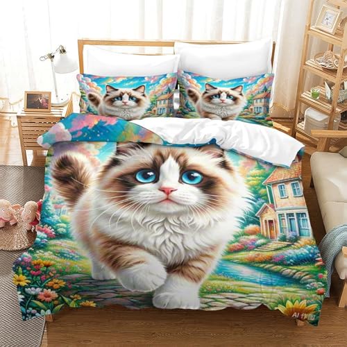 PXBDUASIE Ragdoll Katze Bettbezug Bettwäsche Set Kinderbettwäsche Reißverschluss Mit Kissenbezug Betten Set Für Jugendliche Kinder Schlafzimmer Single?140x200cm?
