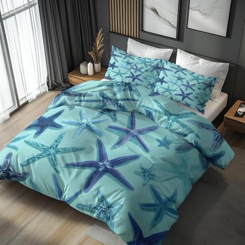 Generisch Bettwäsche 200x200 Maritim Seestern, Weiche Bügelfreie Mikrofaser Bettbezug Set 3tlg, Meeresleben Blau Muster Schlafzimmer Deko, 2 Kissenbezüge 80x80, mit Reißverschluss HZ103