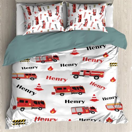 Sezhiqeu Junge Feuerwehrauto Bettwäsche 140x200 3 Teilig, 3D Muster Weich Kuschelig Mikrofaser Bettwäsche Set Truck Feuerwehr Rettung Bettbezug + 2 Kissenbezüge 80x80 cm mit Reißverschluss
