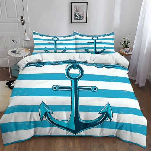 Bettwäsche Set 200 x 220 cm 3teilig Maritim Element Anker Streifen Kunst Wendebettwäsche, Gebürstet Microfaser Weiche Atmungsaktiv & kuschelig Bettwaren-Sets - Weiß Bettbezug mit Reißverschluss