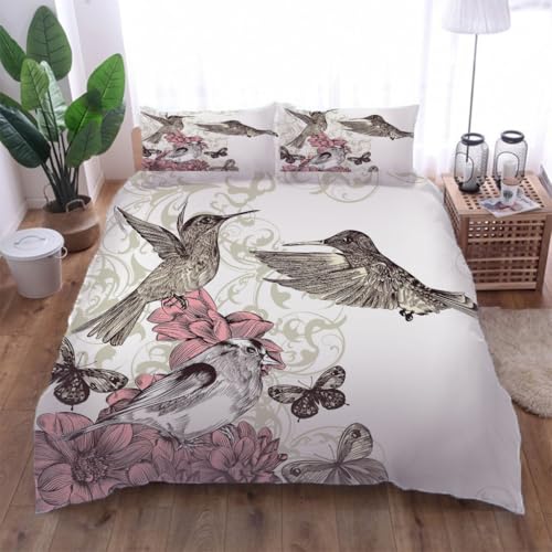 VACSAX Bettdeckenbezug 135x200Cm Mikrofaser Bettwäsche Set Für Mädchen 3D Druck Blümchen Kolibri Druck Muster Und 2 Reißverschluss Kissenbezug 80x80Cm, Kinder Flauschig Weich Warme Bettbezüge Set