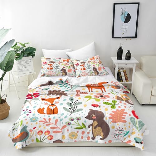 ANHOPE Safari Tier Bär Fuchs Eule Bettwäsche Set 2 Teilig Weich Bettbezug 135x200 cm & Kissenbezug 80x80 cm Microfaser Bettbezüge Set mit Reißverschluss Bettdeckenbezug für Kinder Jungen Mädchen