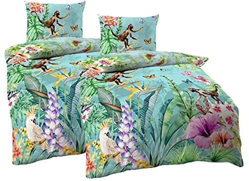 JACK by Kaeppel Mako Satin 4tlg. Digitaldruck Bettwäsche Äffchen Dschungel Kakadu Schmetterling Bunt Urwald, Größe:4 TLG. 135x200cm