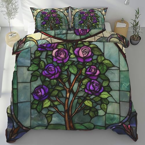 Meugesoi Rose Blumen Blätter Bettbezug 135x200 cm 3-Teilig Glas Geometrie Bettwäsche Mikrofaser Weich Atmungsaktiv, Bettwäsche Set mit 2 Kissenbezüge 80x80 cm mit Reißverschluss