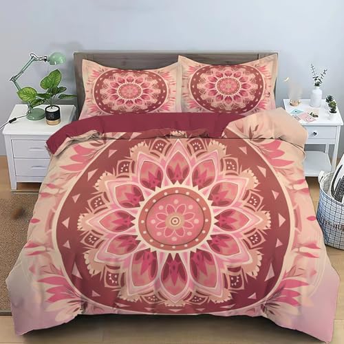 JEDTAKCT Bettwäsche Set Romantisches Mandala Böhmische Geometrie Motiv 220X240Cm Mit 80X80 Kissenbezug Blush Pink Mit Reißverschluss Weich Teenager Wende Mikrofaser Bettbezug Pflegeleicht 3 Teilig