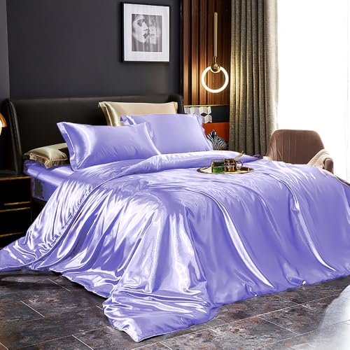 Covebett Satin Bettwäsche 200x220 Lila Flieder Glatt Luxus Seide Aesthetic Seidenbettwäsche Set Einfarbig Glänzend Glanzsatin Microfaser Sommer Bettbezug und 2 Kissenbezug 80x80cm Reißverschluss