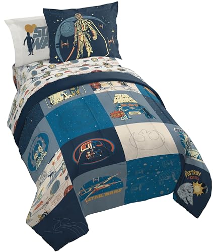 Jay Franco Kinder-Bettwäsche-Set mit Laken und Kissenbezügen, weiches und gemütliches Bettwäsche-Set für stilvolle Raumdekoration, Blau – Star Wars 01, 5-teiliges Bettwäsche-Set für Doppelbetten
