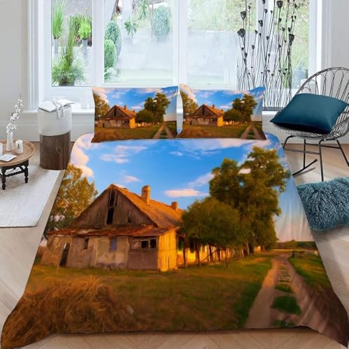Altes Landhaus Bettwäsche 135x200 Retro-Idylle Bettwäsche-Sets für Mädchen Jungen Kinder Weiche Mikrofaser 3D Drucken Bettbezug mit Reißveschluss und 2 Kissenbezüge P-317
