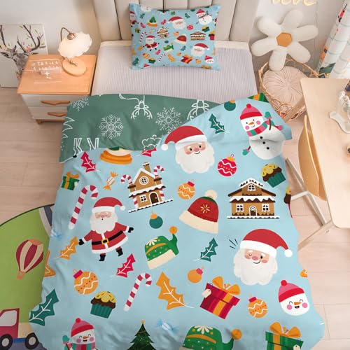 Weihnachtsmann Kinderbettwäsche 100x135 cm - Stechpalmenblätter Bettwäsche-Sets für Baby Kinder - Hellblau Weich Bettbezug 2 Teilig mit Reißverschluss Bettbezüge 100 x 135 cm + 2 Kissenbezug 40x60 cm