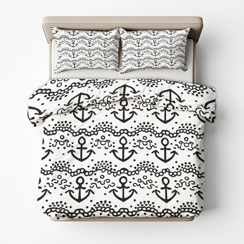 Generisch Mikrofaser Bettwäsche 200x220 Ankermotiv 3tlg - Nautisch Maritim Ozean Wendebettwäsche Deko, Weiche Bügelfreie Bettbezug mit Reißverschluss, 2 Kissenbezug 80x80 AE3076