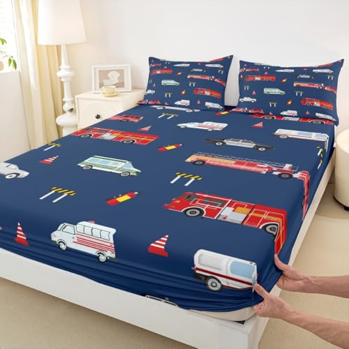 Feuerwehr Einbaublech L Größe Polizeiauto ausgestattet LKW Bettdeckung 2pcs Cartoon Fahrzeug Roadblock Bettwäsche Set für Mädchen