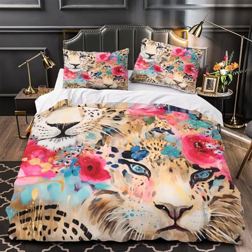 VOXYTMLWG Leopard Walking Hautfreundlich 3D-gedrucktes Bettwäsche 3 Stück Wild Animal Bettbezug mit Reißverschluss Bequem for Erwachsene,Kinder,Männer ,Fans Single?135x200cm?