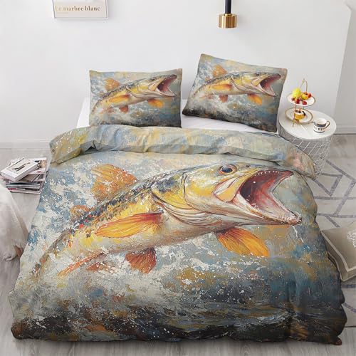 zcwl Fisch Bettwäsche 140x200, Angeln Bettbezug Set 2 teilig, Weiche Kuschelige Mikrofaser Bettwäsche-Sets, Wendebettwäsche und 1 Kissenbezug 70x90 mit Reißverschluss