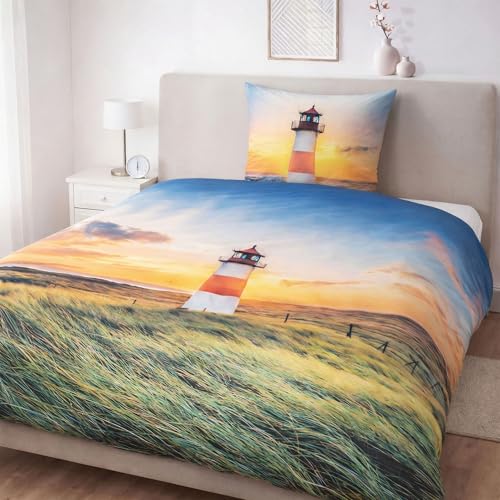 kamelshopping Bettwäsche 135x200 Microfaser 2-teilig Fotodruck - Set inkl. Kopfkissenbezug 80x80 - Reißverschluss, Weich & Atmungsaktiv - 100% Polyester Ganzjahresbettwäsche (Leuchtturm)