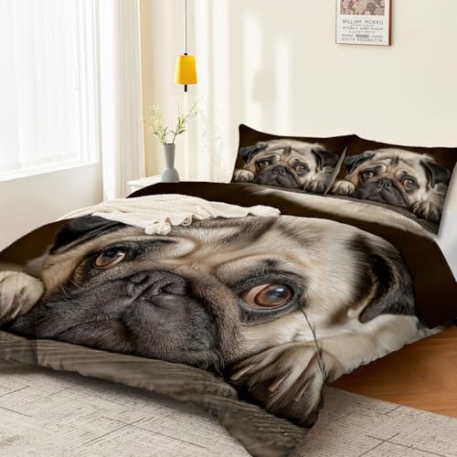 Bettwäsche Bunt 2-teilig – 1 Bettbezug 135 x 200 cm + 1 Kissenbezüge, Nahaufnahme niedlich Mops Porträt Design – Weiches Mikrofaser Bettwäsche-Set mit Reißverschluss, pflegeleicht