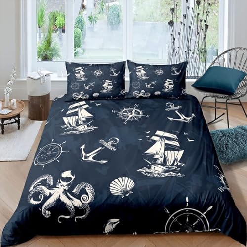NUEYSP Bettwäsche 155x220 Maritimes Thema Bettwäsche-Sets 3D-Motiv, Mikrofaser, 1 Bettbezug 155x220 + 1 Kissen 80x80 mit Verdecktem ReißVerschluss für Mädchen Jungen.