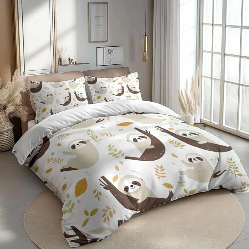 Bettwäsche Set Tier Faultier Blätter Beige Braun,Mit 2 Kissenbezügen 80X80 cm, Mikrofaser Bettbezug 3Er Set Mit Reißverschluss, Bügelfrei Und Weich Cool 135 cm X 200 cm